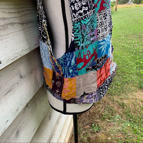 Vintage 80s Blue Handmade Abstract Patchwork Print Sleeveless Button Down Vest - Picture 14 of 16